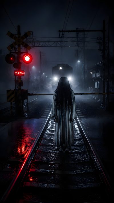 a person standing on train tracks in the rain at night with red traffic lights behind them Halloween Ghost Train Creepy Art, Scary Stories, Ghost, Halloween, black