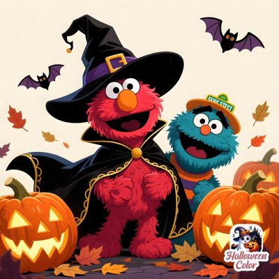 the sesame street characters are dressed up as witches and pumpkins for trick or treat Sesame Street Halloween Image Collection, Carving, Family Costumes, Elmo Happy Halloween, indian red
