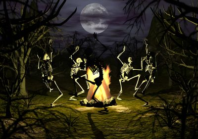 skeletons dancing around a campfire in the woods at night with full moon behind them Halloween Dancing Skeleton Free 3d, Dance, Traditional Witchcraft, Skeleton Dance, Halloween Vintage, black