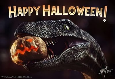 an image of a happy halloween card with a dinosaur holding a pumpkin in it's mouth Halloween Dinosaur Hd Jurassic Park, Jurassic World, Godzilla, Happy Halloween, Halloween, black