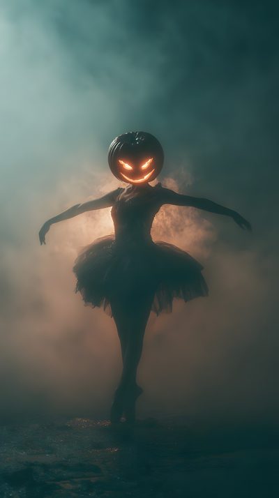 a woman in a tutu with a pumpkin on her head Halloween Girl Aesthetic Halloween Iphone Scary, Dark Halloween Iphone, Creepy Halloween Iphone, dark slate gray
