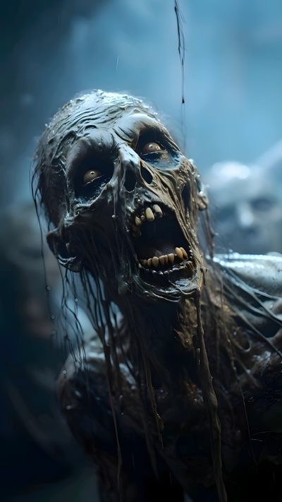 a creepy looking creature with its mouth open and long hair hanging from it's head Halloween Zombie Horror Zombie, Craneos Tatto, Zombie Art Realistic, Zombie Portrait, dark slate gray