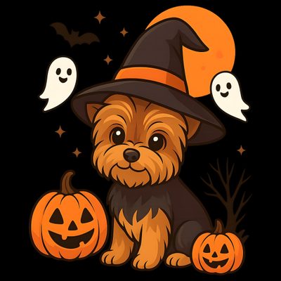 a small dog wearing a witches hat and sitting next to two jack o lantern pumpkins Yorkie Halloween Halloween Puppy Drawings, Cute Halloween Dog Cartoon, Halloween Dogs Cartoon, black