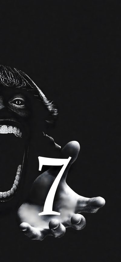 a black and white photo with the number seven on it's face in front of a creepy hand 67 Halloween 7 Wallpaer, Scary 67, 7 4k, 7 Monkey, Scary 67 Kid, 7 Black,