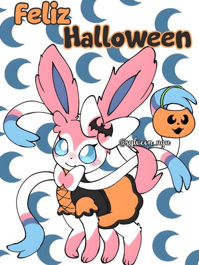 an image of a cartoon character holding a pumpkin Halloween Sylveon Hd Glaceon Halloween, Sylveon Halloween, Espeon Halloween, Halloween Vaporeon, misty rose