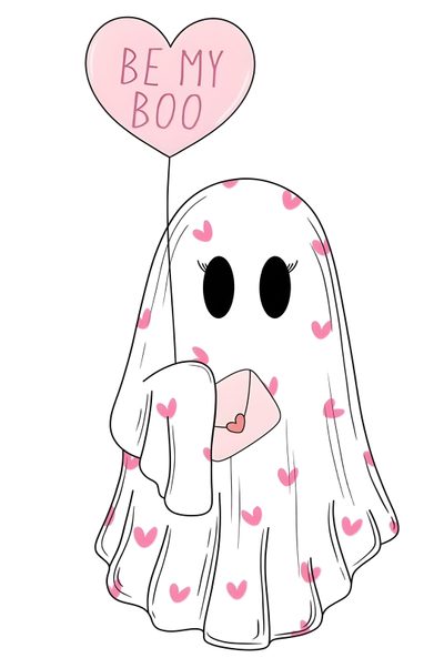 a ghost holding a heart shaped balloon with the words be my boo written on it Halloween Conversation Hearts Valentines Ghost, Ghost Valentines, Ghost Holding Heart Balloon, white