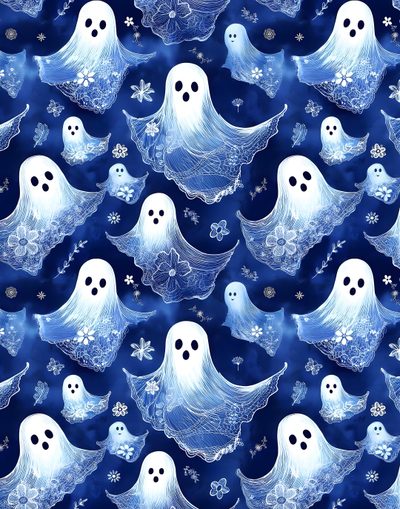a blue background with white ghost faces and snowflakes Halloween Blue Teal Ghost Pattern, Blue And Gray Ghost Pattern, Blue Ghost Background,