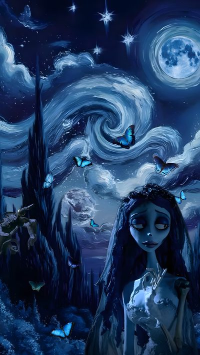 a painting of a girl with long hair and blue eyes standing in front of a night sky Halloween Iphone Corpse Bride Tim Burton Animation, Emily Corpse Bride, Tim Burton Corpse Bride, midnight blue