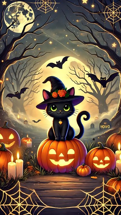 a black cat wearing a witches hat sitting on top of pumpkins in front of a full moon Happy Halloween 2025 Cute Halloween Pictures, Halloween Live, Happy Halloween Pictures, dark olive green