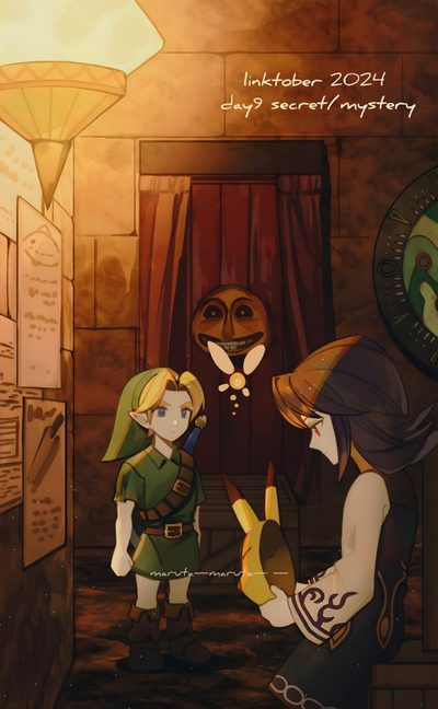 an image of two people standing in front of a clock and another person looking at the clock Halloween Zelda Majoras Mask Forest, Majoras Mask All Masks, Young Link Majoras Mask, maroon