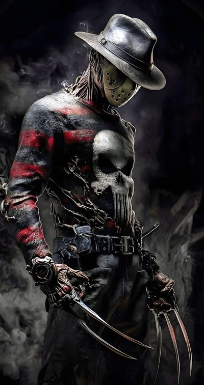 a man in a costume with a skull on his chest holding a knife and wearing a hat Halloween Killer Hd Freddy Krueger Dark, Scary Freddy Krueger, Freddy Krueger Live, Cool Freddy Krueger, black