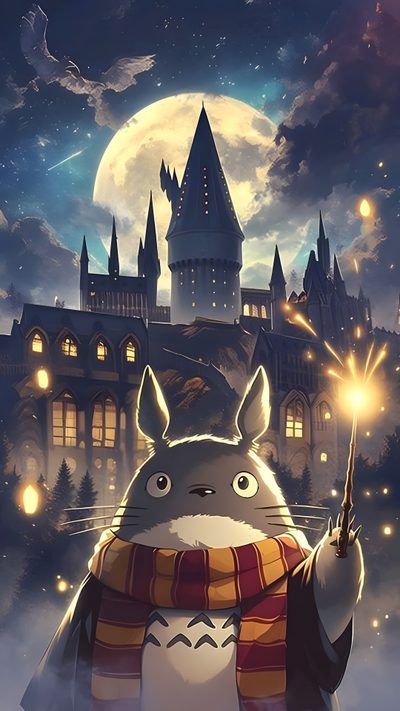 a cartoon character holding a wand in front of a castle at night with the moon behind it Totoro Halloween Totoro Image, Image Totoro, Totoro Halloween, Totoro, Studio Ghibli Totoro, dark slate gray