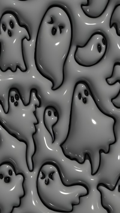 some black and white images with ghost faces on them in the middle of an abstract pattern Halloween Puffy Halloween Home, 3d Iphone, Grey Halloween, Iphone Halloween, dim gray