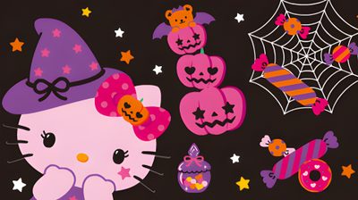 a halloween scene with pumpkins, cats and bats on a black background is featured in this image Cute Hello Kitty Halloween Gif Halloween Hello Kitty Computer, Sanrio Halloween Laptop, Colorful Hello Kitty Pumpkins, black