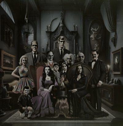 a group of people are posing for a photo Halloween Family Cameos Addams Family House, Classic Horror Movies Monsters, Ghost Rider, black