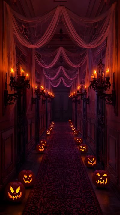 a long hallway with pumpkins lit up in the middle and candles on either side Halloween Hallway Halloween Outside, Luxury Christmas Decor, Halloween Ball, Creepy Decor, black