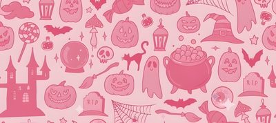 a pink halloween themed wallpaper with lots of pumpkins Pink Halloween Macbook Pink Halloween Ipad, Pink Halloween Laptop, Pastel Halloween Desktop,