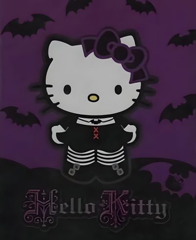 a hello kitty halloween card with bats on it Purple Hello Kitty Halloween Vampire Hello Kitty Pfp, Hello Kitty Vampire, Hello Kitty Vampire Drawing, dark slate gray
