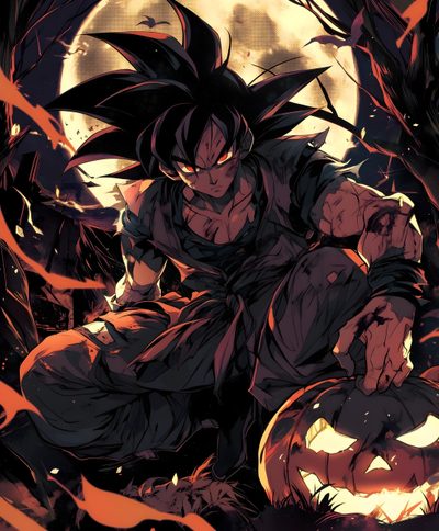 a dragon sitting on top of a pumpkin in front of a full moon and tree Halloween Goku Halloween Goku, Ghost Goku, Goku Pumpkin, Gohan Halloween, Goku Vampire, black