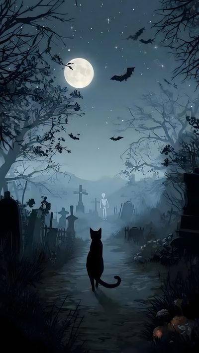 a black cat sitting in the middle of a cemetery at night with bats flying overhead Halloween Cat Gif Krishna, Black Cat Live, Live, Black Cat, Halloween, dark slate gray