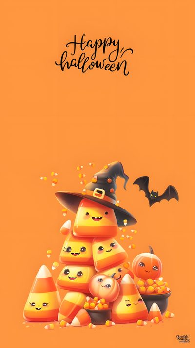 a happy halloween card with pumpkins and bats Halloween Candy Corn Cute Halloween Candy Illustration, Cute Halloween Greeting Card, Halloween Candy Art, coral