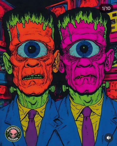 Halloween Pop Art, Trippy Halloween Painting, Rat Fink, Cool Tattoo Drawings, Monster Mash Art, Retro Horror Pop Art, Pop Art Frankenstein, Retro Zombie Art, Vintage Frankenstein Art Halloween Cyclops Halloween Pop Art, Trippy Halloween Painting, Rat Fink, dark slate gray