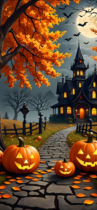 two pumpkins sitting on the ground in front of a house with bats flying around Halloween Phone Backgrounds Fall Pumpkin Patch, Fall Vibes, Sunflower Iphone, Autumn Tattoo, saddle brown