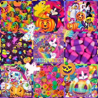 a collage of halloween themed images with candy and candies in the center, Lisa Frank Halloween Halloween Mood Board, Lisa Frank Halloween, Lisa Frank Illustration, indian red