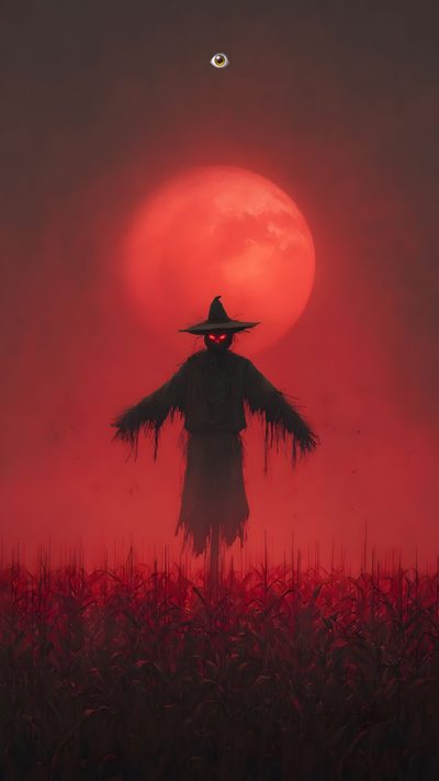 a scarecrow standing in the middle of a cornfield under a full red moon Halloween Watch Your Back Dark Forest, Clair De Lune, Scarecrow, Ghost In Cornfield, saddle brown