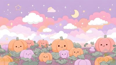 cartoon pumpkins in a field with clouds and stars Pastel Halloween Medium-pumpkin Patch Cute Halloween Laptop, Cute Girly Desktop Backgrounds, Pc Halloween, thistle