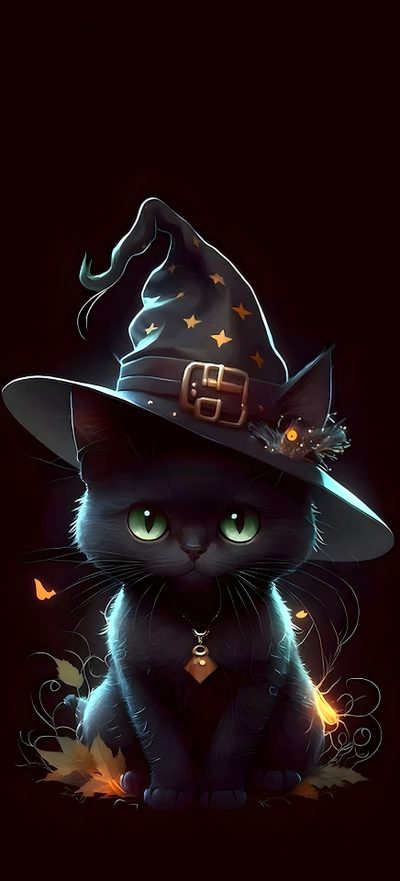 a black cat wearing a witches hat on top of it's head and sitting down Halloween Kitten Hd Witch Cat Pictures, Good Night Halloween Images, Halloween Good Night, black