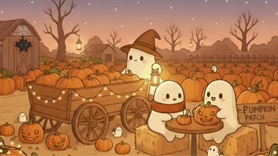 two cartoon characters sitting on hay in front of pumpkins and a wagon with jack - o'- lanterns Halloween Pumpkin Patch Pumpkin Patch Anime, Halloween Computer, Halloween Ipad, Computer Backgrounds, peru