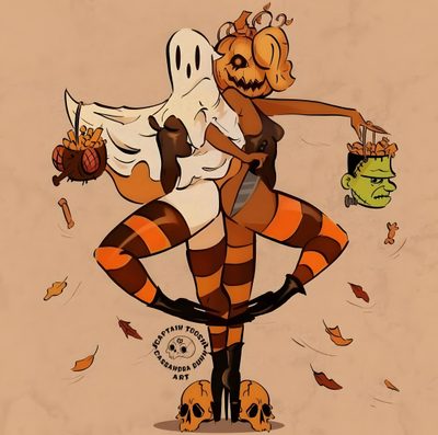 a drawing of a woman dressed as a witch holding a pumpkin Pinup Halloween Cassandra Dunn Art, Ghost Pinup, Pin Up Ghost Girl, Halloween Pinup Art, tan