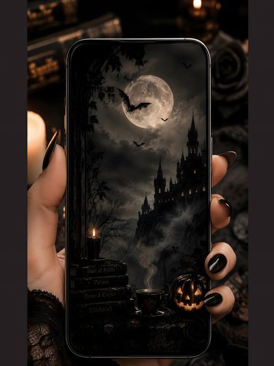 a woman holding up an iphone with a halloween scene on it Modern Smartphone With Halloween Twisted Tree, Haunted Castle, Dark Gothic, Gothic Halloween, black