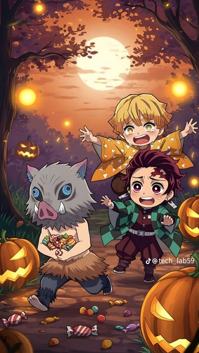 two children are standing in the woods with pumpkins Demon Slayer Halloween Demon Slayer Halloween, Iphone Disney Princess, Demon Slayer Halloween Pictures, sienna