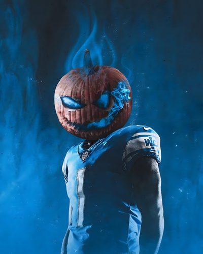 a football player with a pumpkin on his head and flames coming out of his face Halloween Football Darnell Mooney, Ole Ole Jaxson Dart, Dodgers Halloween, Duke Football, dark slate gray