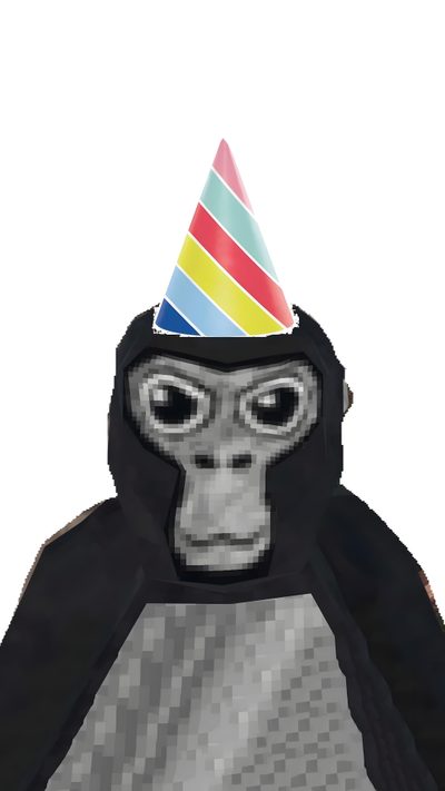 a monkey wearing a party hat with a rainbow stripe on it's head and eyes Gorilla Tag Halloween Gorilla Tag, Gorilla Tag Backgrounds, Gorilla Tag Phone Background, snow