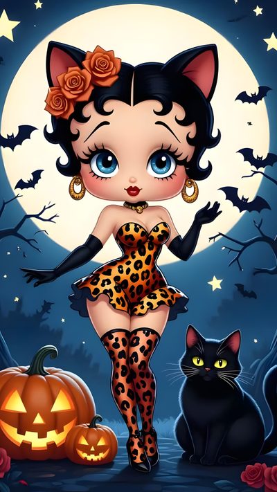 a woman in leopard print dress standing next to a black cat and pumpkin with full moon behind her Betty Boop Halloween Miss Betty, Betty Boop With Cat, Betty Pops, dark slate gray