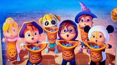 several cartoon characters are holding buckets with candy in their hands and wearing halloween costumes Alvin And The Chipmunks Halloween The Chipettes, Chipmunks Halloween, Alvin Chipmunks Halloween, gray