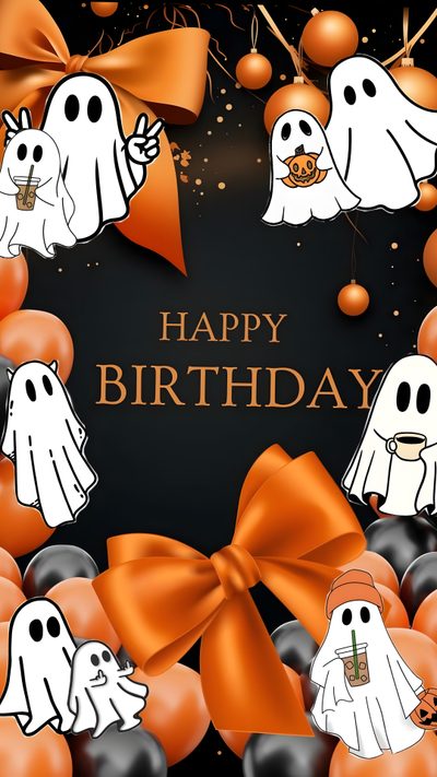 a happy birthday card with ghost balloons and orange bow on black background for someone who is celebrating their special occasion Halloween Birthday Free Happy Halloween Birthday Images, October Birthday Background, Halloween Birthday Image, sienna