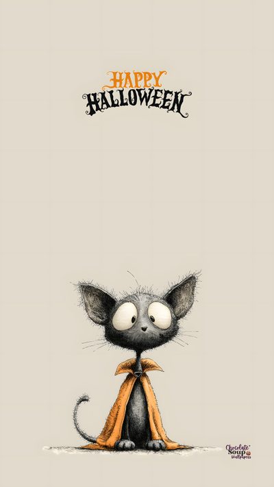 a cartoon mouse with an orange scarf around it's neck and the words happy halloween on Funny Halloween Iphone Whimsical Halloween, Cat Halloween, Halloween Cat Lockscreen, light gray