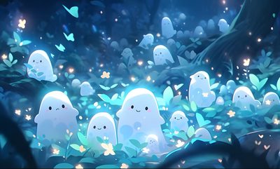 some little white ghost in the middle of a forest Cute Light Blue Halloween Cute For Chromebook, Pc Wallapers Aesthetics, Gamer For Ipad,