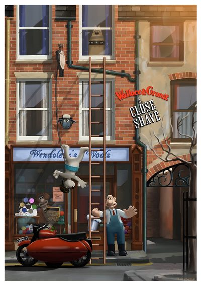 an image of a car parked in front of a building with a man on it Wallace And Gromit Halloween Background Wallace And Gromit Style, Wallace And Gromit Painting, Wallace And Gromit Movie Art, dark olive green