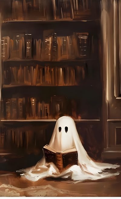 a painting of a ghost reading a book in front of a library full of books Halloween Reading Halloween Book Painting, Halloween Bookshelf Painting, Halloween Library, dark slate gray