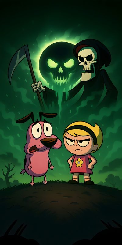 two cartoon characters standing next to each other in front of a dark green background with a skull Cartoon Network Halloween Cartoon Simpsons, Cartoon Network 4k, Billy And Mandy Cartoon, Billy Y Mandy, black
