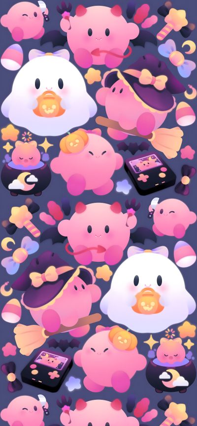 a bunch of cartoon animals with different colors and shapes on them, all in the same pattern Kirby Halloween Iphone Kirby Autumn, Cute Spooky Repeating Pattern, Cute Kirby, Kirby Cute, pale violet red