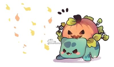 two cartoon characters hugging each other in front of a white background with orange and yellow leaves Halloween Bulbasaur Halloween Bulbasaur Tattoo, Halloween Charmander Drawing, Halloween Pokemon Bulbasaur, white