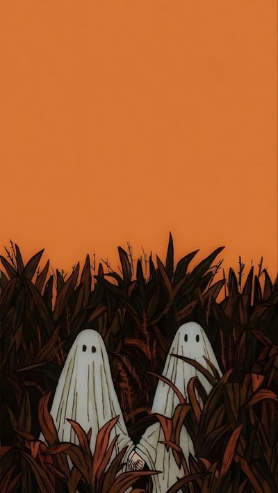 two white ghost like figures peeking out from the ground in front of some plants and an orange sky Vintage Halloween Orange Autumn Phone, October, Halloween Iphone Backgrounds, Image Halloween, chocolate