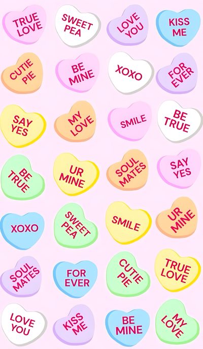candy hearts with the words true love and be mine written on them in different colors Halloween Conversation Hearts Heart Sweets, Conversation Hearts Window Painting, Cartoon Candy Hearts, lavender blush