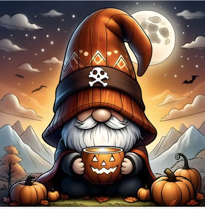 an image of a cartoon character holding a pumpkin Halloween Gnome Desktop Halloween Gnome Ideas, Halloween Gnomes, Scary Gnome Drawing, sienna